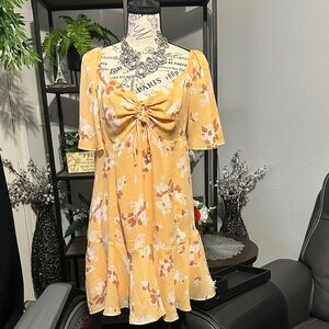 Abercrombie & Fitch Mustard Floral Mini Dress Boho Ruched Tie Front Size XL